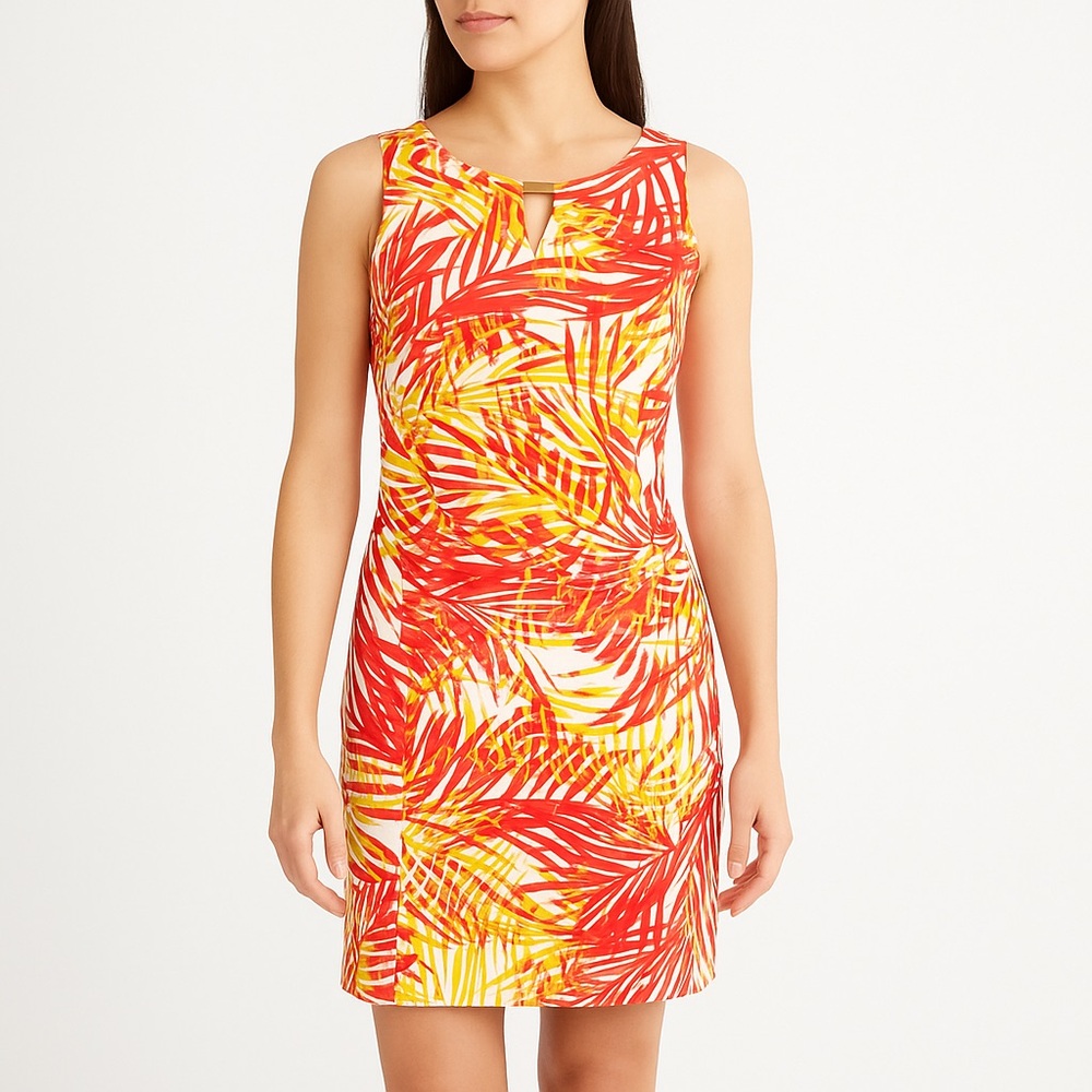 Ronni Nicole Tropical Print Sheath Dress Size 12 Gold Bar Detail